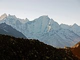 Gokyo 5 Scoundrels View 2 Kangtega, Thamserku, Kusum Kanguru From Fourth Gokyo Lake Kangtega, Thamserku, and Kusum Kanguru dominate the view south from the fourth Gokyo Lake north of Gokyo.